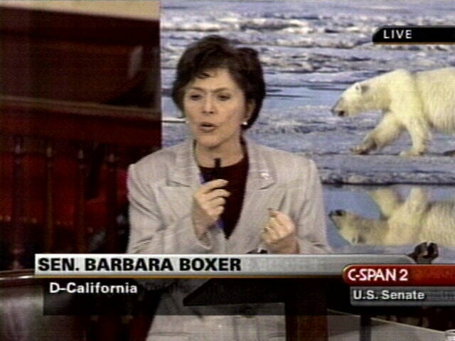 Senator Boxer speaking to the Senate, showing the polar bear photo behind her.
