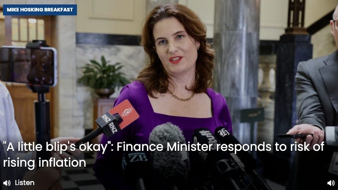 Headline: "Nicola Willis: Finance Minister on the OCR being cut to 2.5%, potential inflation spikes "A little blip's okay": Finance Minister responds to risk of rising inflation."