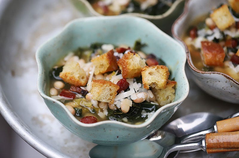 Tuscan Kale, Leek and White Bean Soup with Bacon, Parmigiano & Rustic Croutons, Cook the Vineyard