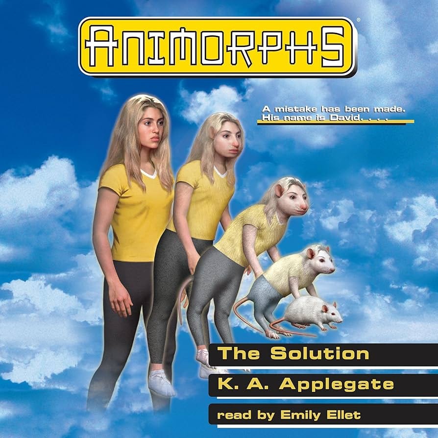 Cover of Animorphs #22: The Solution, by K.A. Applegate. A blonde girl in a yellow tee morphs into a mouse against a sky-blue background