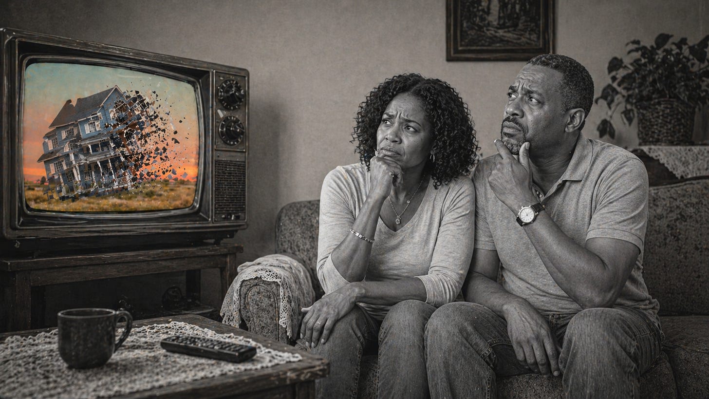 An older Jamaican couple stands in quiet distress, watching stability slip away, as one home is torn apart and another begins to crack, a reminder that disaster doesn’t just damage buildings, it exposes the fragility of everything built around them.