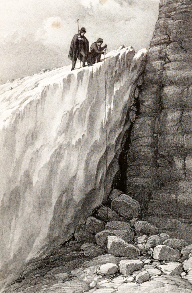 Lithograph of two men suspending a line off the edge of an icy cliff