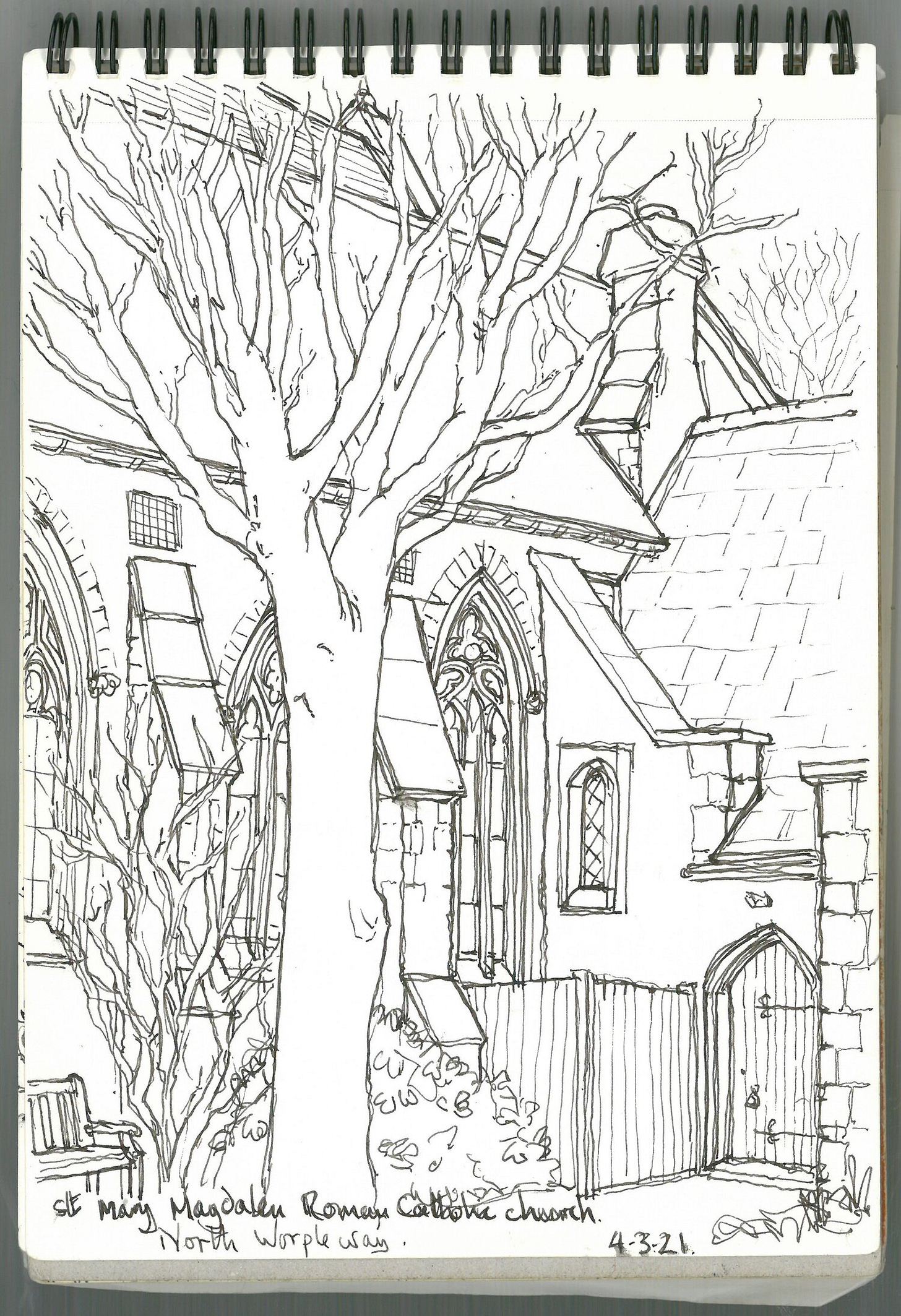 Drawing of a church courtyard in pen