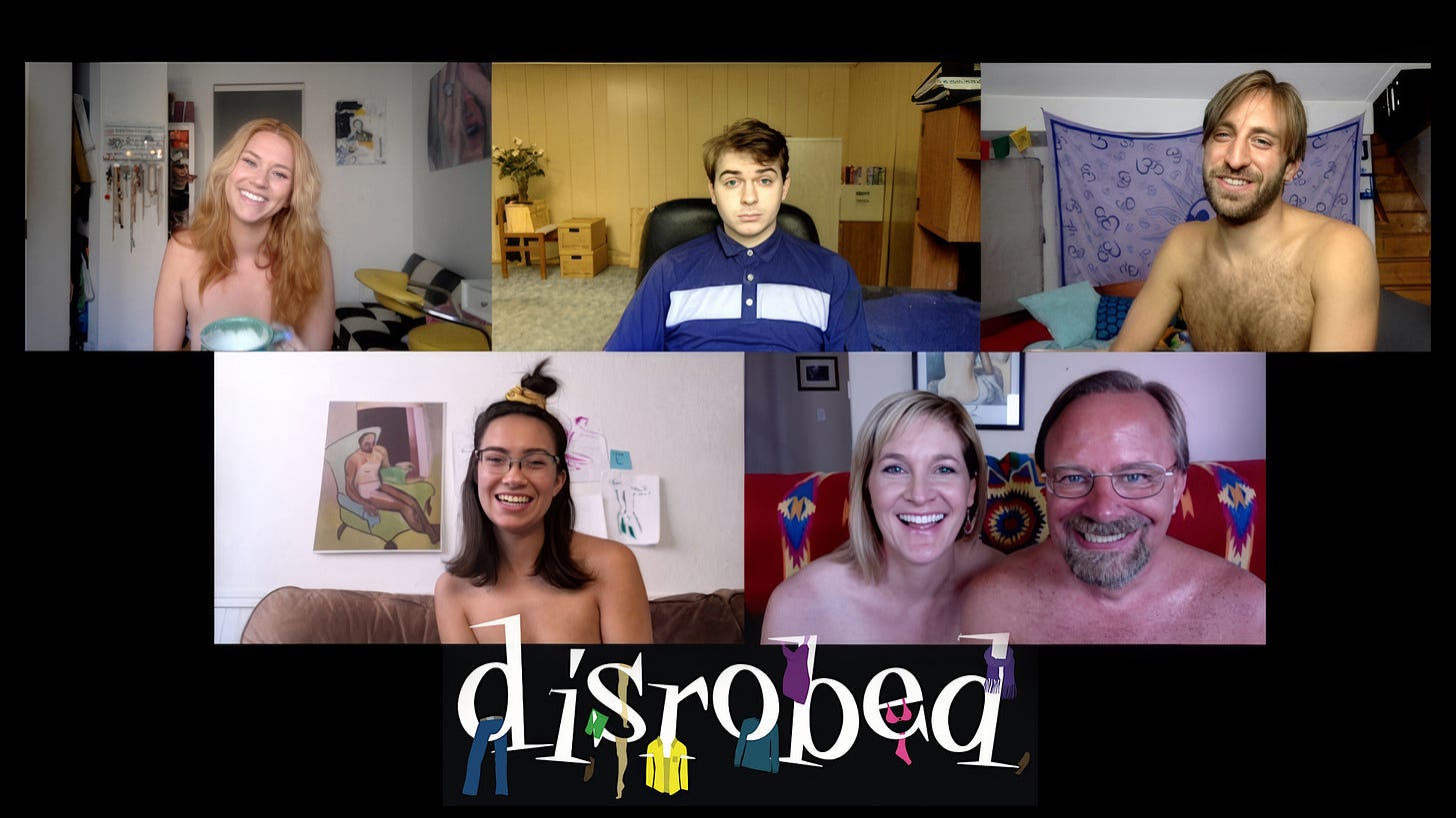 Promotional still from Disrobed: The Virtual Event showing a Zoom-style grid of six adults on a video call. Most participants are nude or partially nude, while one man at center remains fully clothed and visibly uncomfortable. The contrast highlights the film’s central joke about a buttoned-up guest joining a naturist family call.