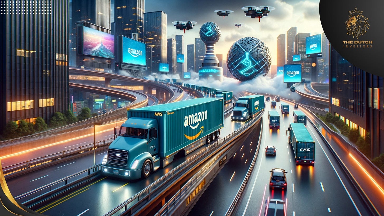 a fleet of Amazon delivery trucks transporting a shipment of AWS 'Snowballs'. The scene captures a high-tech environment on a bustling highway with a futuristic cityscape in the background.