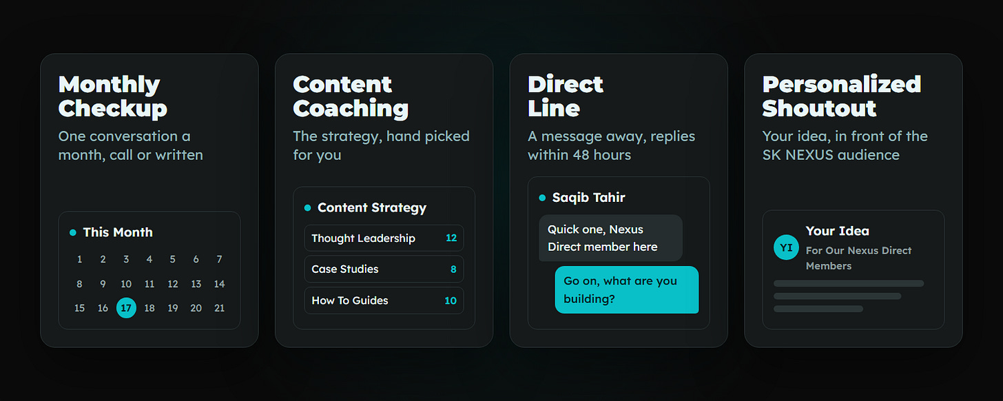 Four cards: Monthly Checkup, Content Coaching, Direct Line and Personalized Shoutout, each with a short description. Four cards: Monthly Checkup, Content Coaching, Direct Line and Personalized Shoutout, each with a short description.