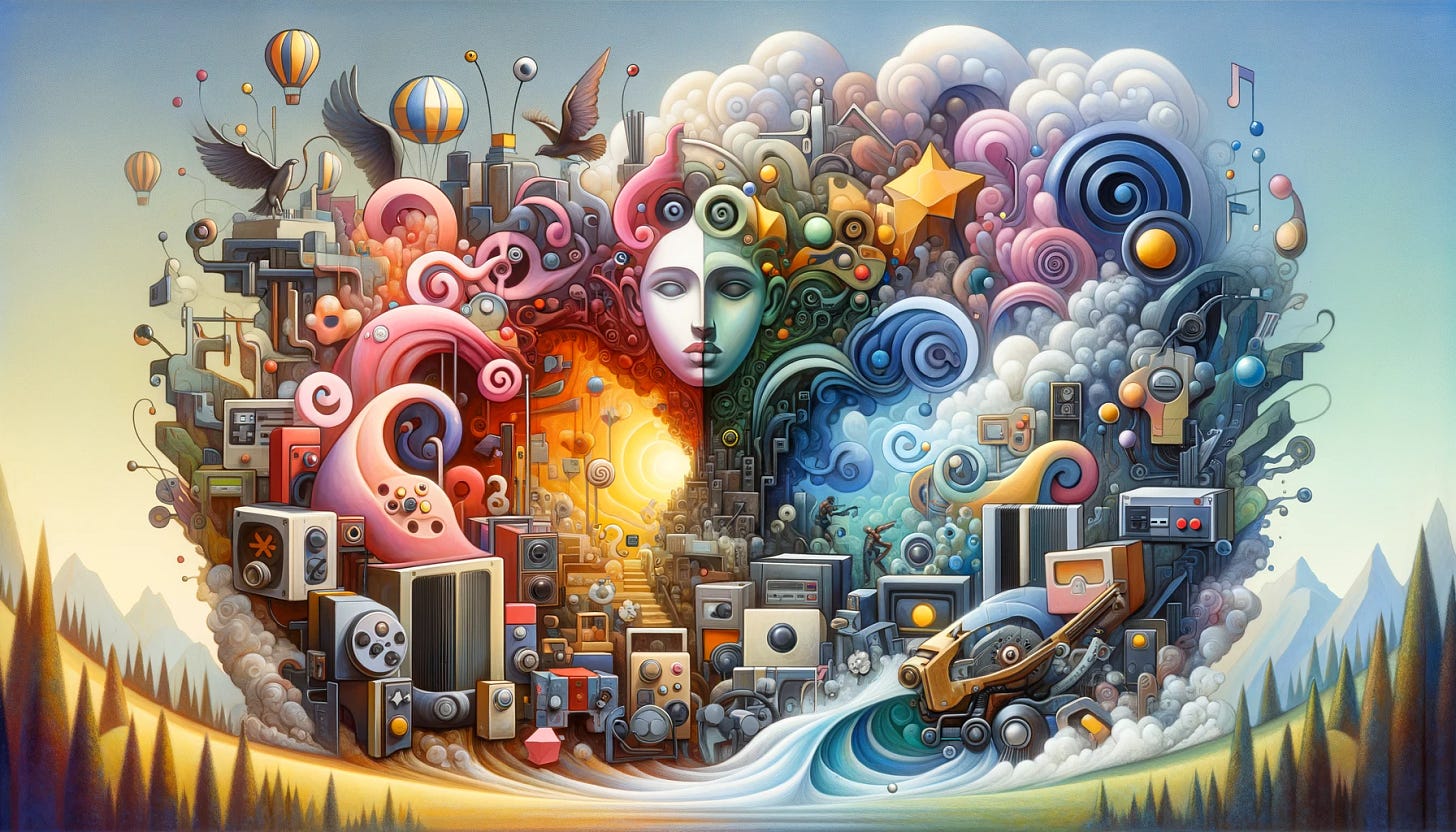 Artistic representation of 'Why We Play What We Know: Gaming’s Innovation Dilemma' in a 16:9 format, inspired by the surrealistic style of Salvador Dalí, but not a direct imitation. The artwork should depict the contrast between traditional and modern gaming elements, portrayed in a dream-like, surreal environment. Imagine abstract forms and shapes that represent vintage gaming consoles and characters blending seamlessly with futuristic gaming technology and concepts, all conveyed through imaginative, surrealistic imagery. The color palette should be subtle and pastel, creating a visually striking yet balanced composition.