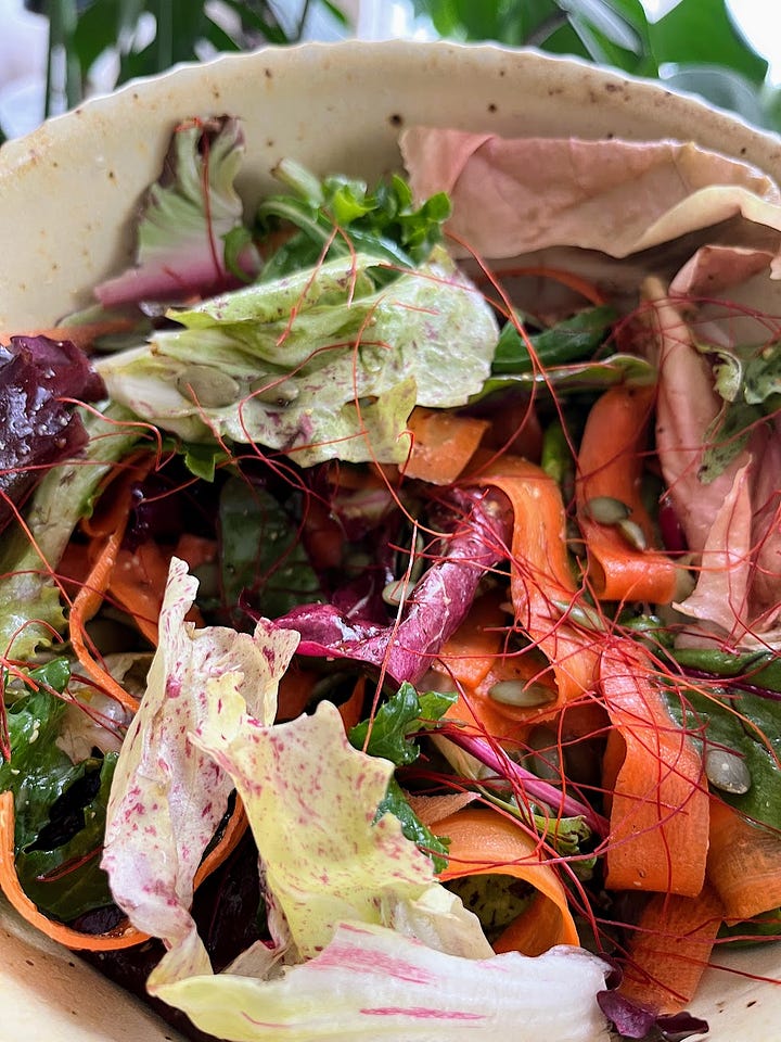 A salad with chili threads on it, a bowl of chili threads