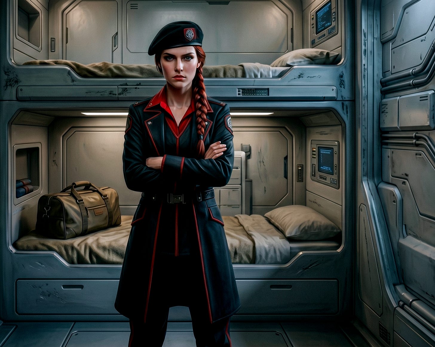 Young woman with black beret and black and red admiral's uniform.