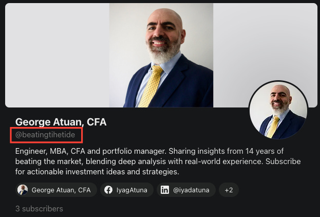 Screenshot of George Atuan’s Substack profile for the Beating the Tide newsletter, highlighting the official handle @beatingthetide and warning about impersonator scams. Featured in a stock investing update covering CLS Q2 earnings and Trump tariff news. Screenshot of George Atuan’s Substack profile for the Beating the Tide newsletter, highlighting the official handle @beatingthetide and warning about impersonator scams. Featured in a stock investing update covering CLS Q2 earnings and Trump tariff news.