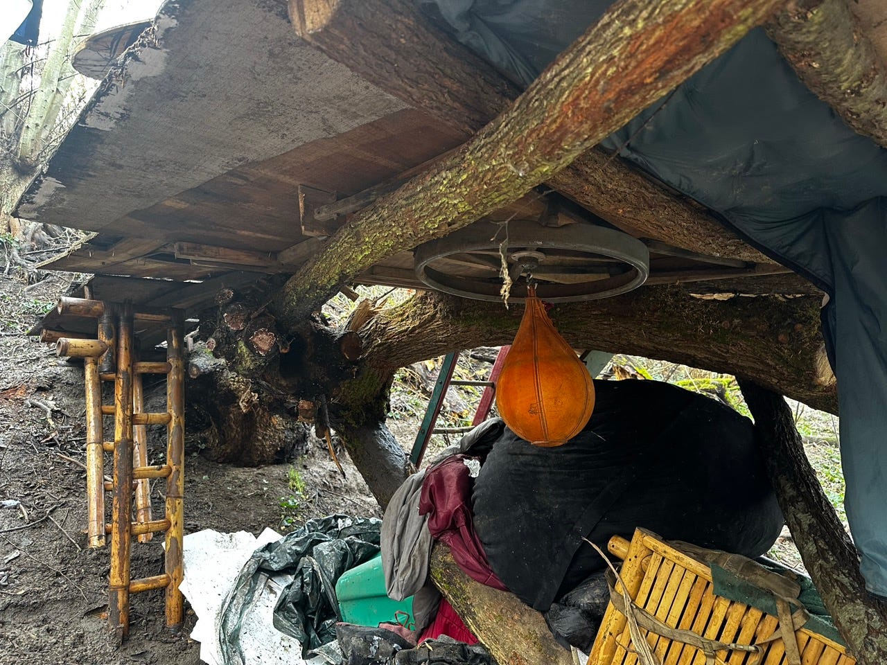 A wooden structure with a bag from the ceiling

Description automatically generated