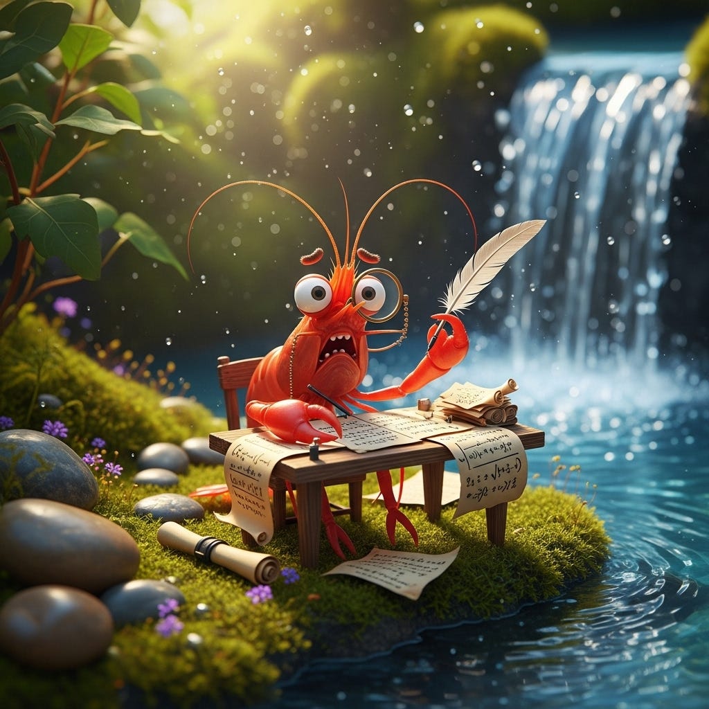 Cartoon lobster writing with feather quill by waterfall and flowers.