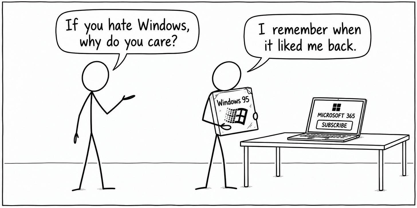 A programmer holds a Windows 95 box beside a laptop advertising Microsoft 365. Asked why they care about Windows, they reply, “I remember when it liked me back.”