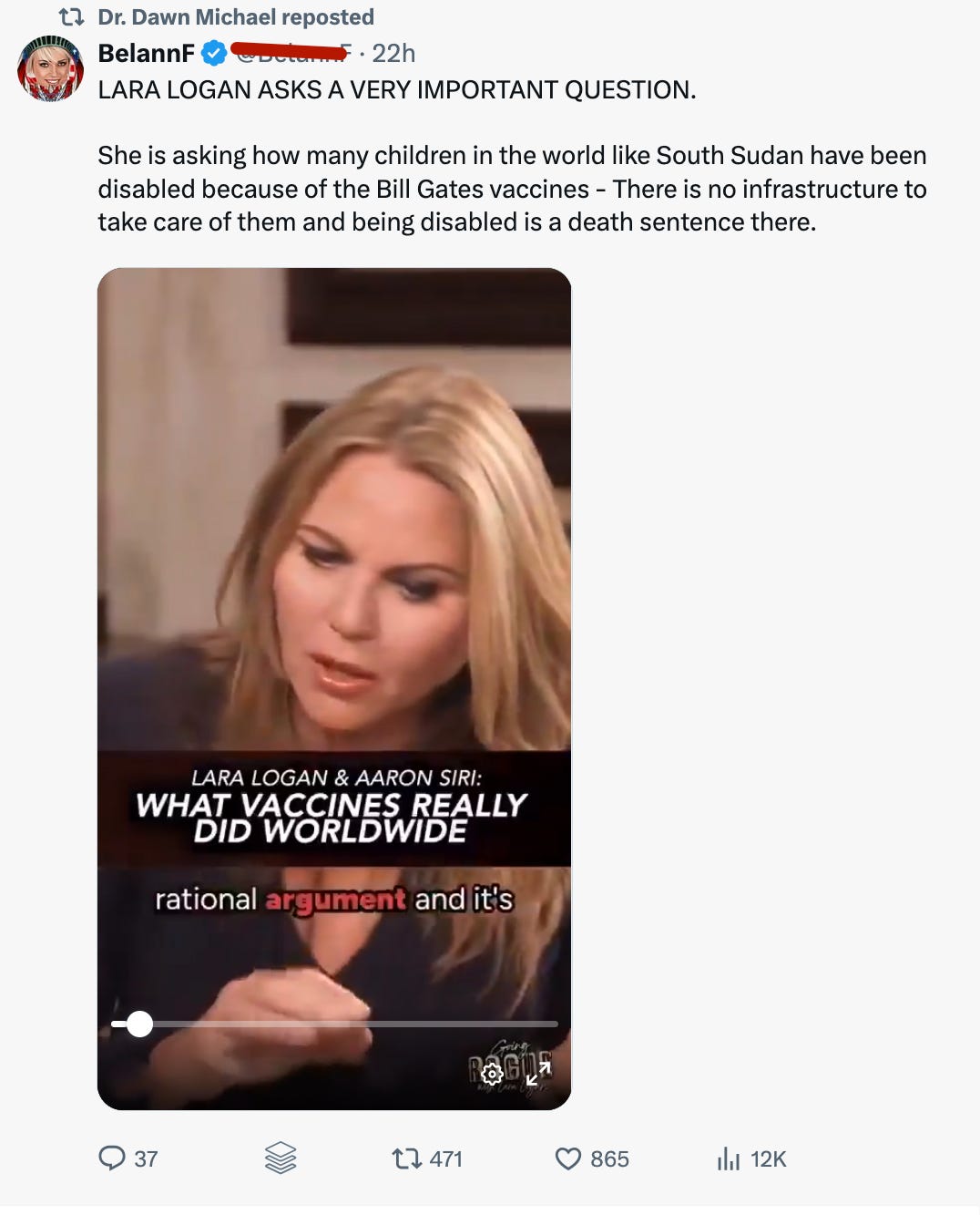 Is Lara Logan really trying to scare parents in South Sudan, which is already facing many severe humanitarian emergencies, to stop vaccinating their kids? Is Lara Logan really trying to scare parents in South Sudan, which is already facing many severe humanitarian emergencies, to stop vaccinating their kids?