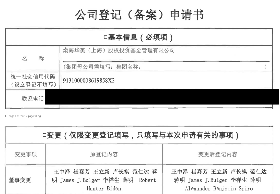 Shanghai registration filing, February 28, 2020: “Robert Hunter Biden” replaced by “Alexander Benjamin Spiro”