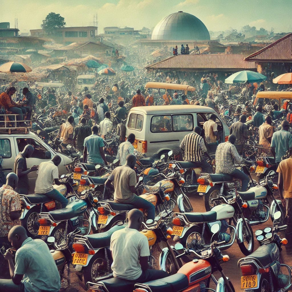 A bustling parking area filled with many Boda Boda motorcycles in Uganda. The scene is lively, with riders chatting, some waiting for passengers, and others adjusting their bikes. The background features a busy marketplace or urban setting, capturing the daily hustle of motorcycle taxi operators.