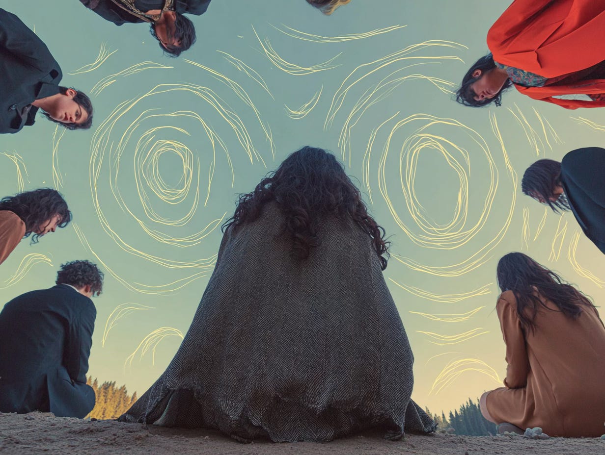 A group of people surround an old woman sitting on the ground, her back turned to them. She has long dark hair and wears a grey blanket. The sky is clear with swirling circles and clouds in the background. 