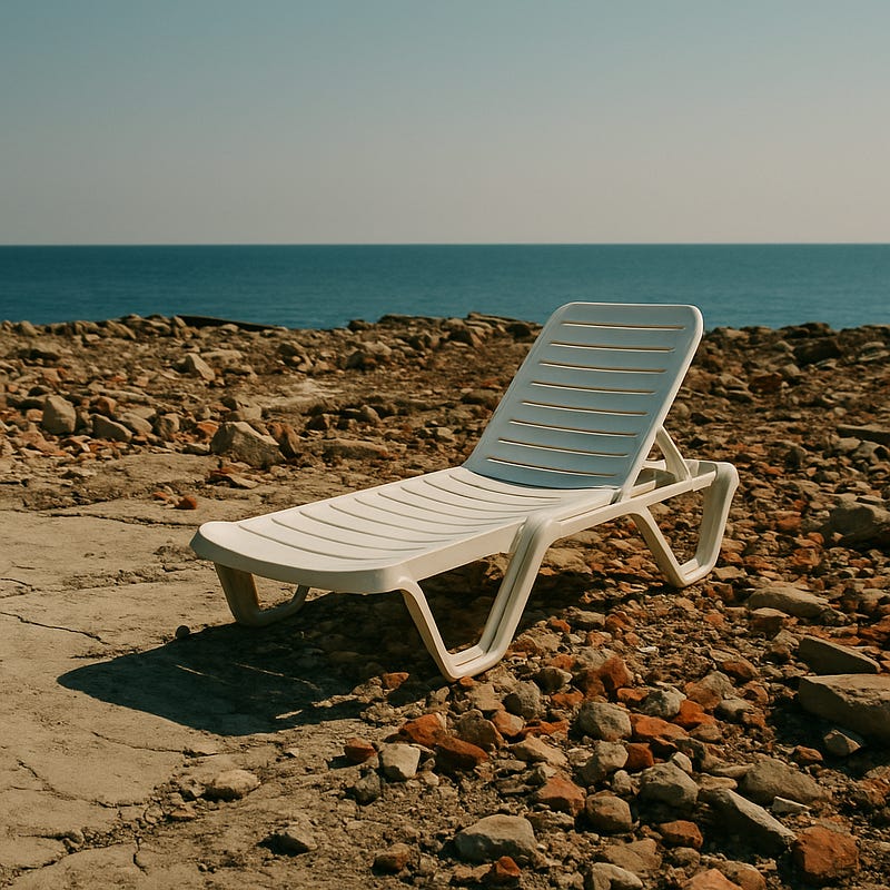 A solitary white plastic sunbed sits on a rubble-strewn patch of ground, surrounded by broken concrete and debris. The sun is harsh overhead, casting stark shadows. In the distance, a hazy blue sea is barely visible. The scene is empty, quiet, and slightly off.