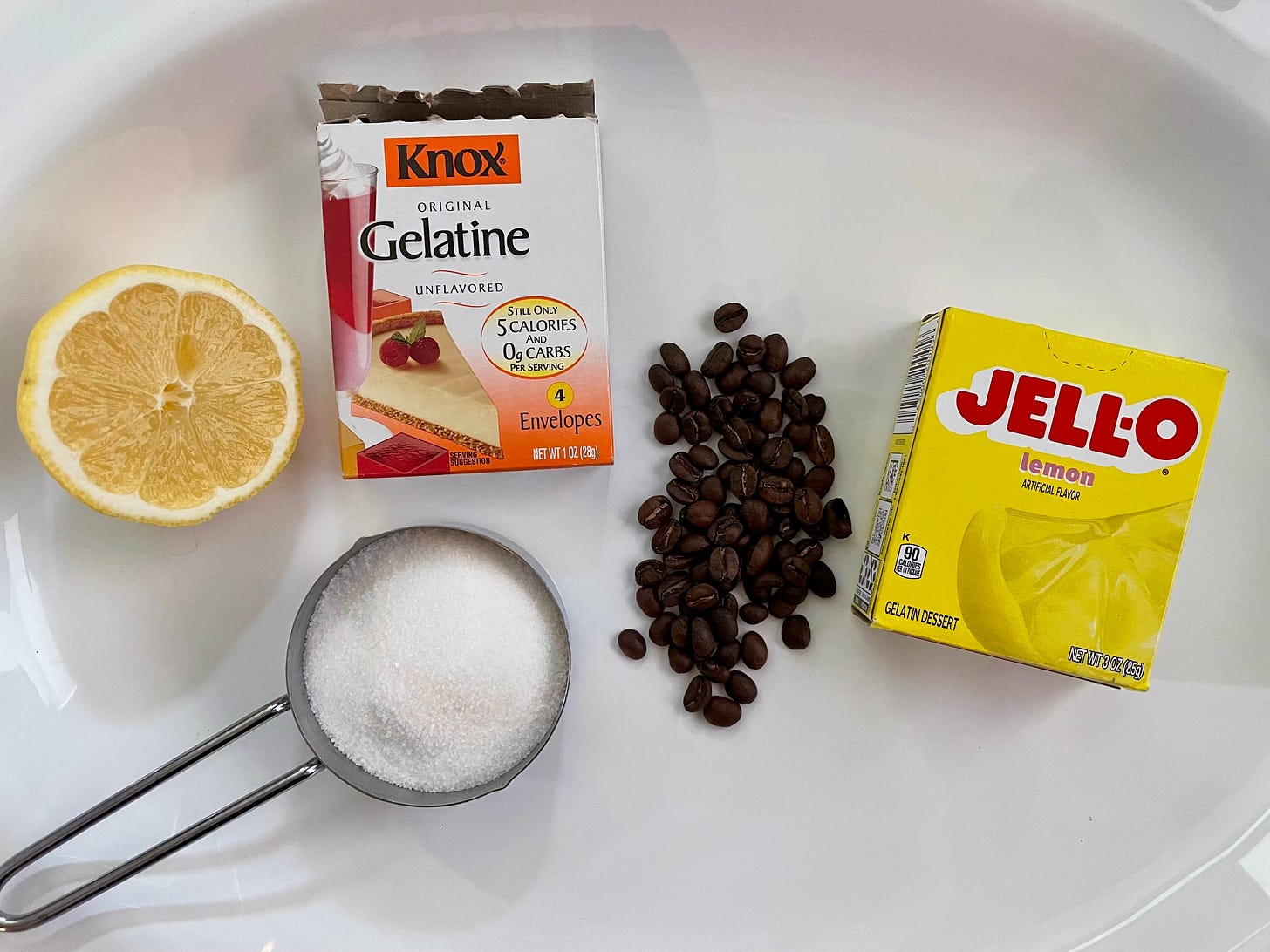 fresh lemon, sugar, unflavored gelatin, coffee, and a box of lemon jello