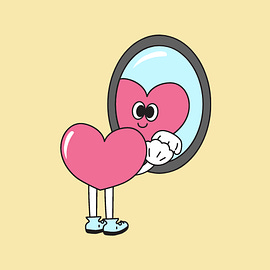 A heart emoji staring at its reflection in the mirror