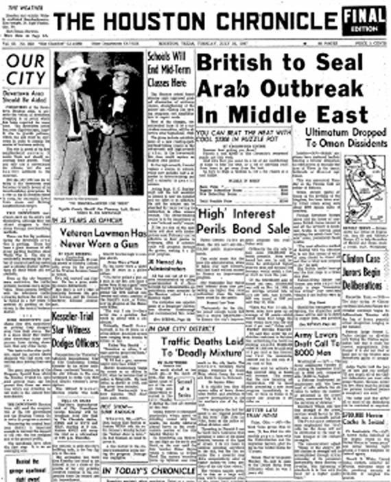 Archival image of the January 23, 1957 edition of The Houston Chronicle includes an article about "Veteran Lawman Has Never Worn a Gun"