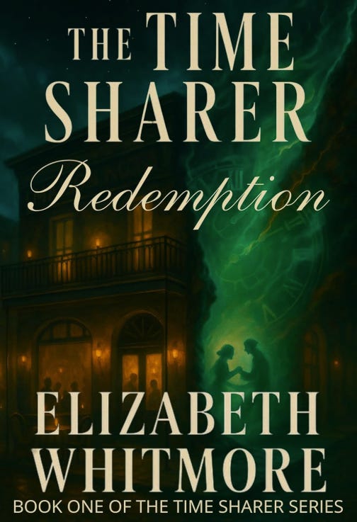 Book cover of The Time Sharer by Elizabeth Whitmore, which depicts a couple standing beside a dimly lit historical mansion Book cover of The Time Sharer by Elizabeth Whitmore, which depicts a couple standing beside a dimly lit historical mansion
