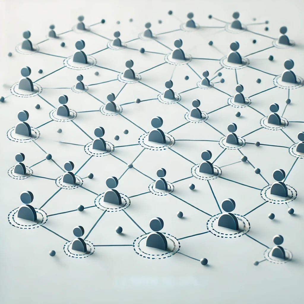 A simple and clean graphic illustrating a social network between fewer people. The design features a smaller number of interconnected nodes and lines, with small, abstract human figures or dots at each node to represent individuals. The network forms a basic, web-like structure with a minimalist color palette of light blue and gray on a white background, emphasizing clarity and simplicity. The overall style is modern and professional, suitable for academic or illustrative purposes.