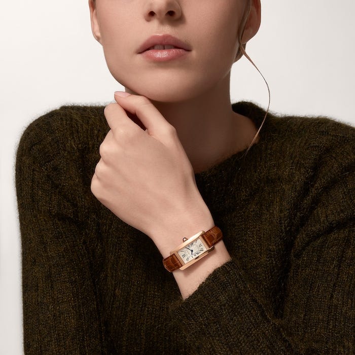 Tank Américaine Watch Small Model, Quartz Movement, Rose Gold, Leather