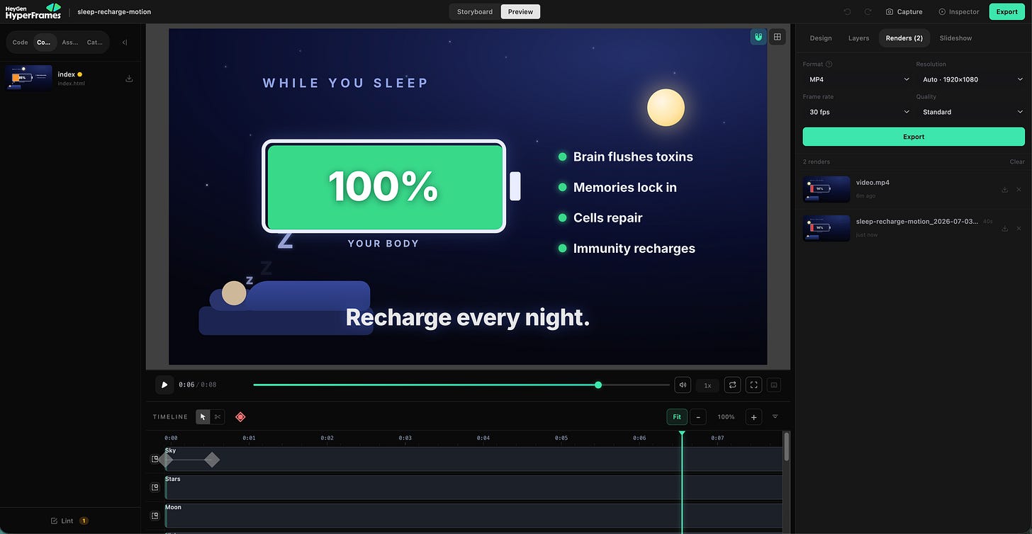 The HyperFrames preview studio showing the 8-second sleep video: a battery filling to 100% as the recharge metaphor, a play timeline at the bottom, and buttons to save the finished video on the right. The HyperFrames preview studio showing the 8-second sleep video: a battery filling to 100% as the recharge metaphor, a play timeline at the bottom, and buttons to save the finished video on the right.