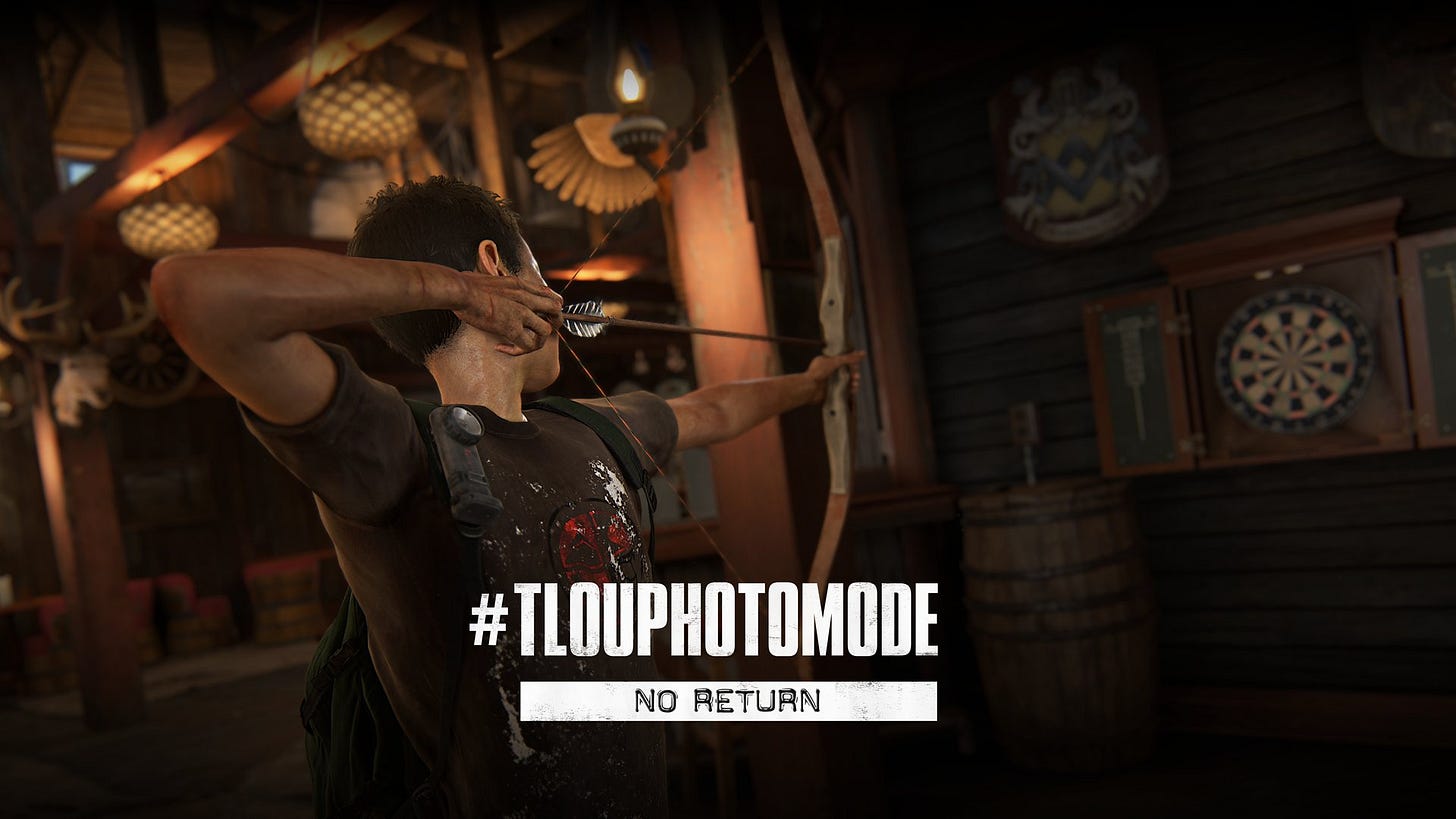 A Photo Mode shot taken in No Return of Lev pointing an arrow towards a dart board. Text below him reads "#TLOUPHOTOMODE No Return".