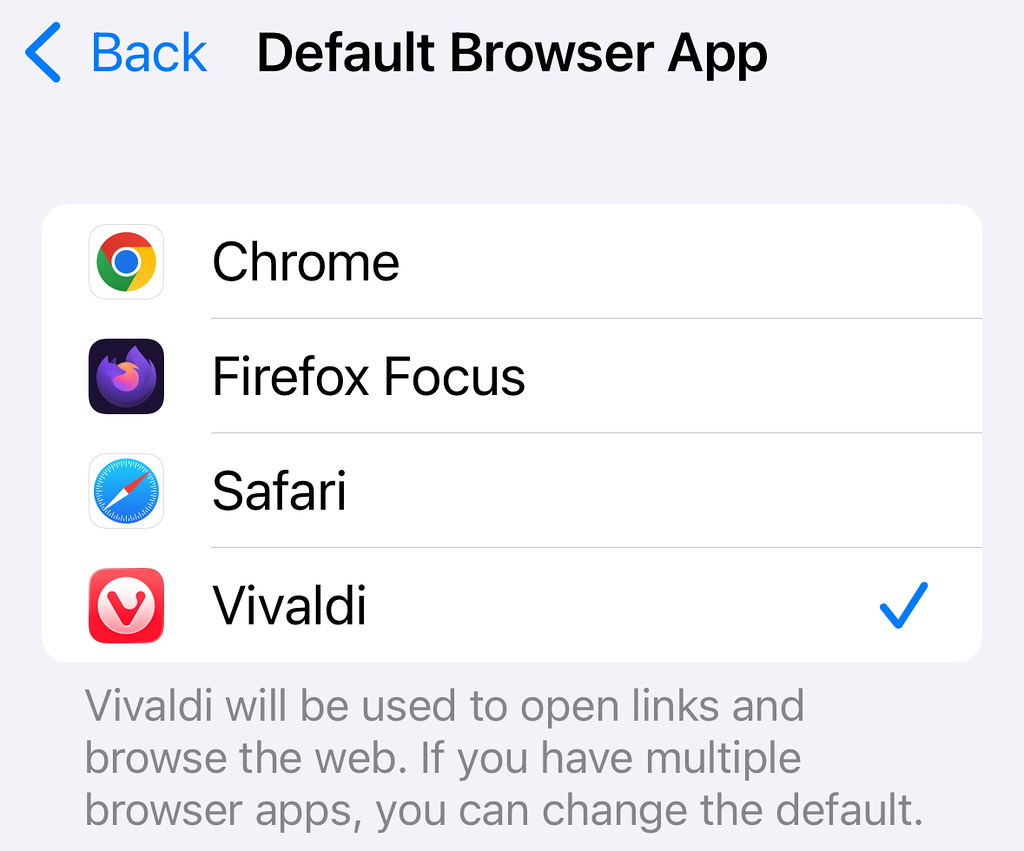  A screenshot of a mobile settings menu titled "Default Browser App". The menu lists four web browser options, each with its icon and name: Chrome, Firefox Focus, Safari, and Vivaldi. A blue checkmark is visible next to Vivaldi, indicating it is the currently selected default. Below the list, a caption reads, "Vivaldi will be used to open links and browse the web. If you have multiple browser apps, you can change the default".