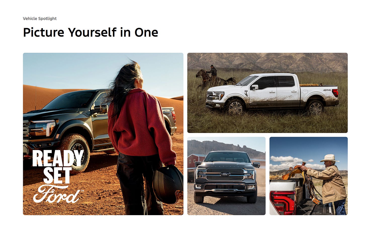 Screenshot from the Ford website, with a bunch of pictures of people driving F150s in the desert or countryside. It says "Picture Yourself in One" but I'd rather get run over by one on my bike. Maybe I could become a martyr for safer streets.