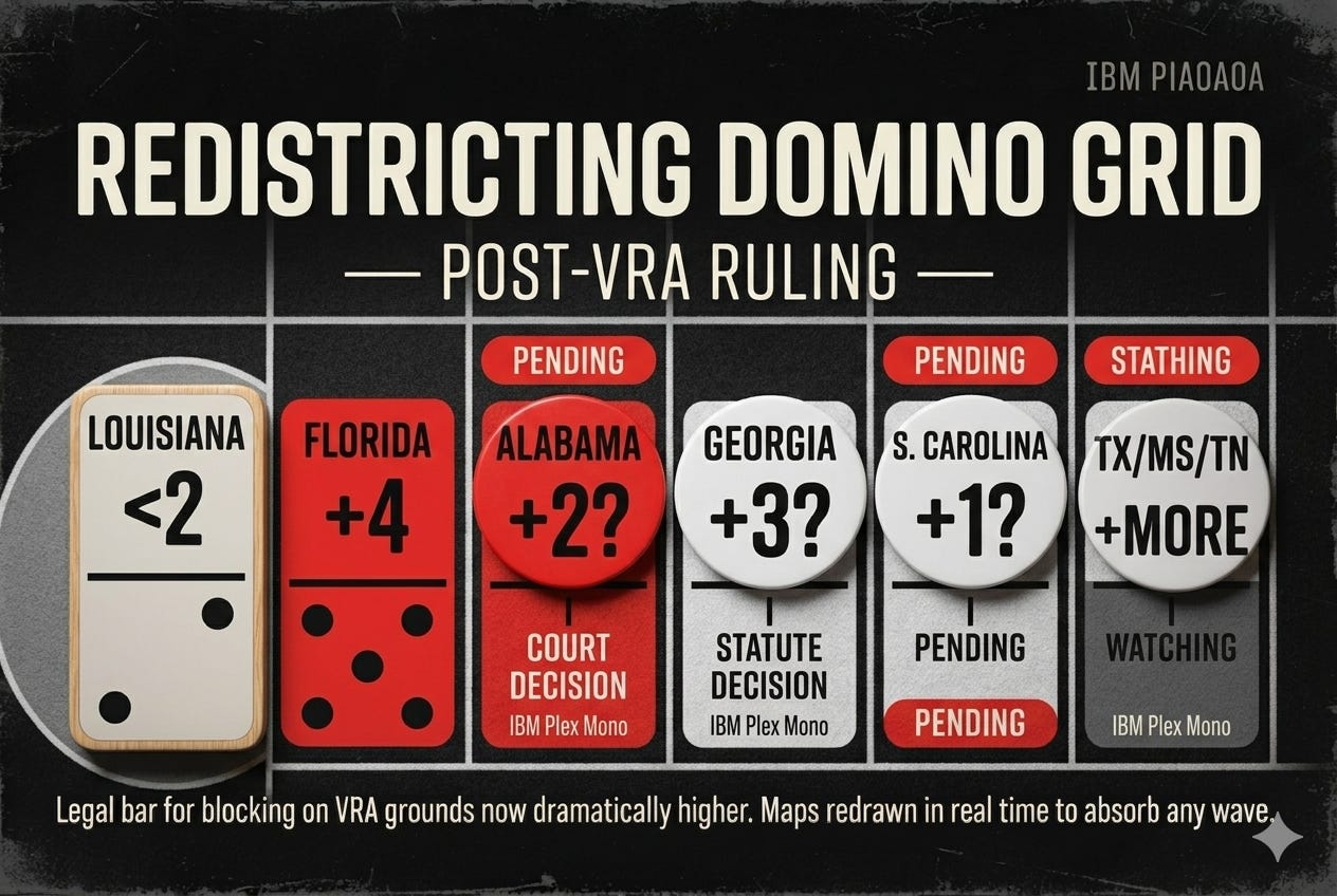Rxan Smith Uncomfortable Redistricting Domino Effect — Post-VRA Ruling. Florida map heist nets +4 GOP House seats, Louisiana −2, Alabama +2?, Georgia +3?, South Carolina +1?. SCOTUS guts Voting Rights Act impact map. Midterm power shift data visualization from Rxan Smith Uncomfortable newsletter.