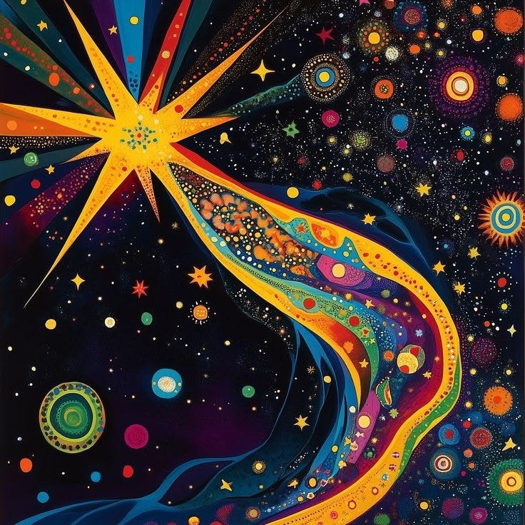 This may contain: an abstract painting with stars and swirls in the sky, on a black background