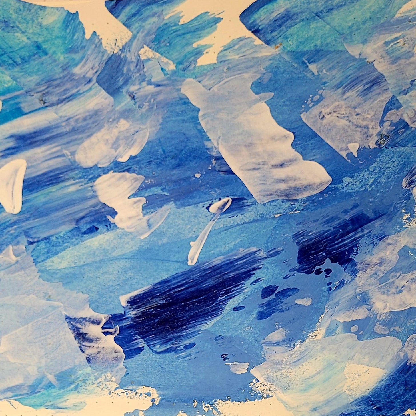 A painted picture using different blues and white acrylic paint. It looks a bit like water.