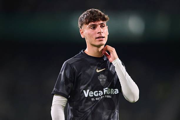 Rodrigo Mendoza of Elche CF warms up prior the LaLiga EA Sports match between Elche CF and Real Sociedad at Estadio Manuel Martinez Valero on... Rodrigo Mendoza of Elche CF warms up prior the LaLiga EA Sports match between Elche CF and Real Sociedad at Estadio Manuel Martinez Valero on...
