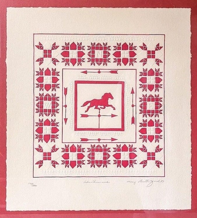 May include: A framed print of a red horse with a red windmill and arrows in a red square pattern. The print is signed 'Catherine Myatt 2010'. May include: A framed print of a red horse with a red windmill and arrows in a red square pattern. The print is signed 'Catherine Myatt 2010'.