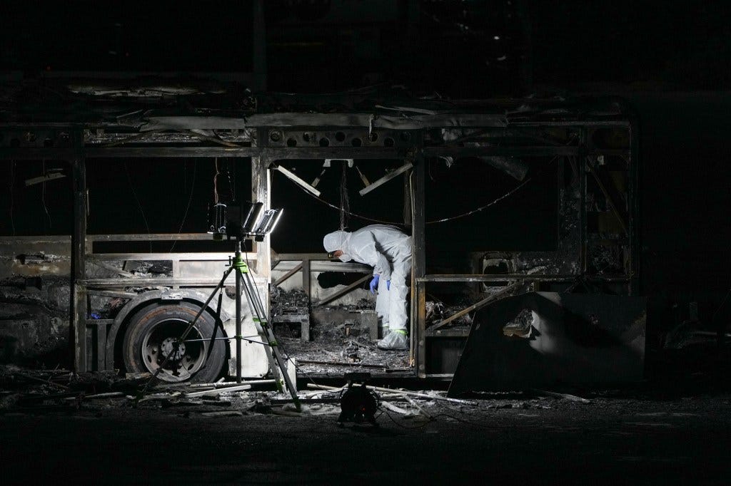 One of the three buses in Israel detonated in a suspected terror attack on Feb. 20, 2025. One of the three buses in Israel detonated in a suspected terror attack on Feb. 20, 2025.
