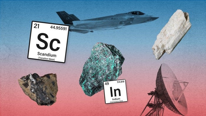 Montage showing an F-35 jet, various critical minerals and a radar 