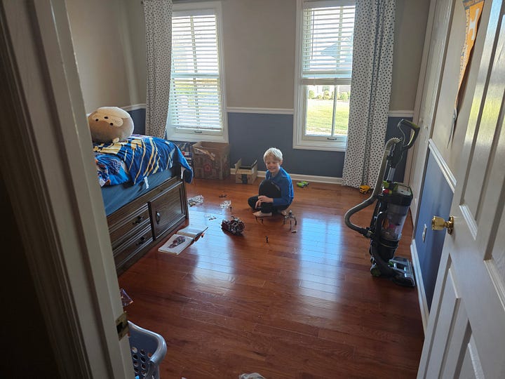 4 pictures that show a nursery with crib and the transition into a full size bed ending with the oldest child playing legos in his new room.