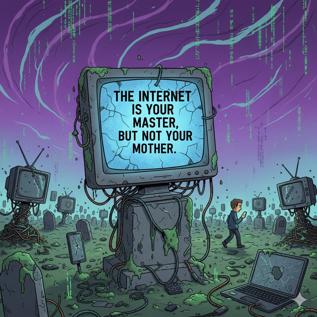 Cartoon image of internet graveyard of technical devices.