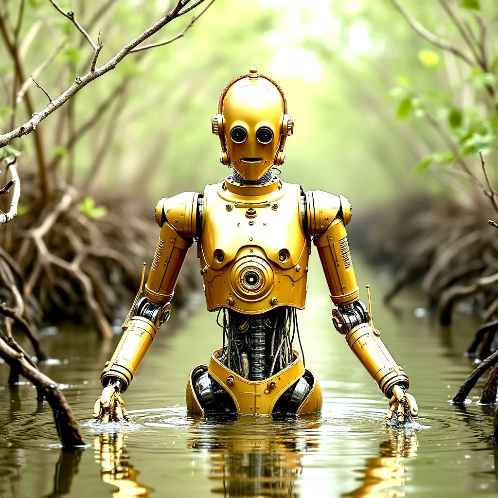 A robot in water with trees around it

Description automatically generated