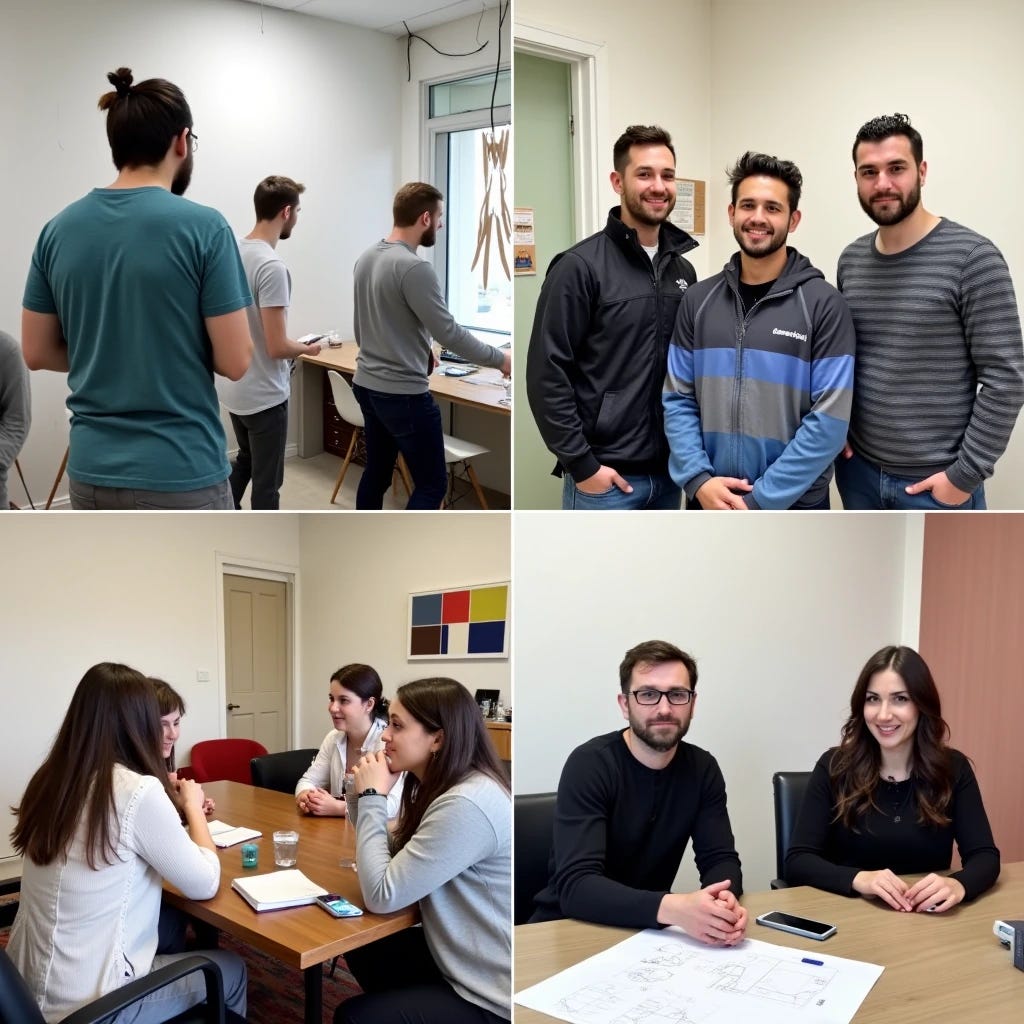 כל מה שאתםן רואים בתמונה זה AI, אבל זה מבוסס על תמונות אמיתיות ממפגשי מפתחים/ות-משתמשים/ות שערכתי כחלק מהשלב ה-3 של שיטת צומ״י כשהייתי באוטודסק