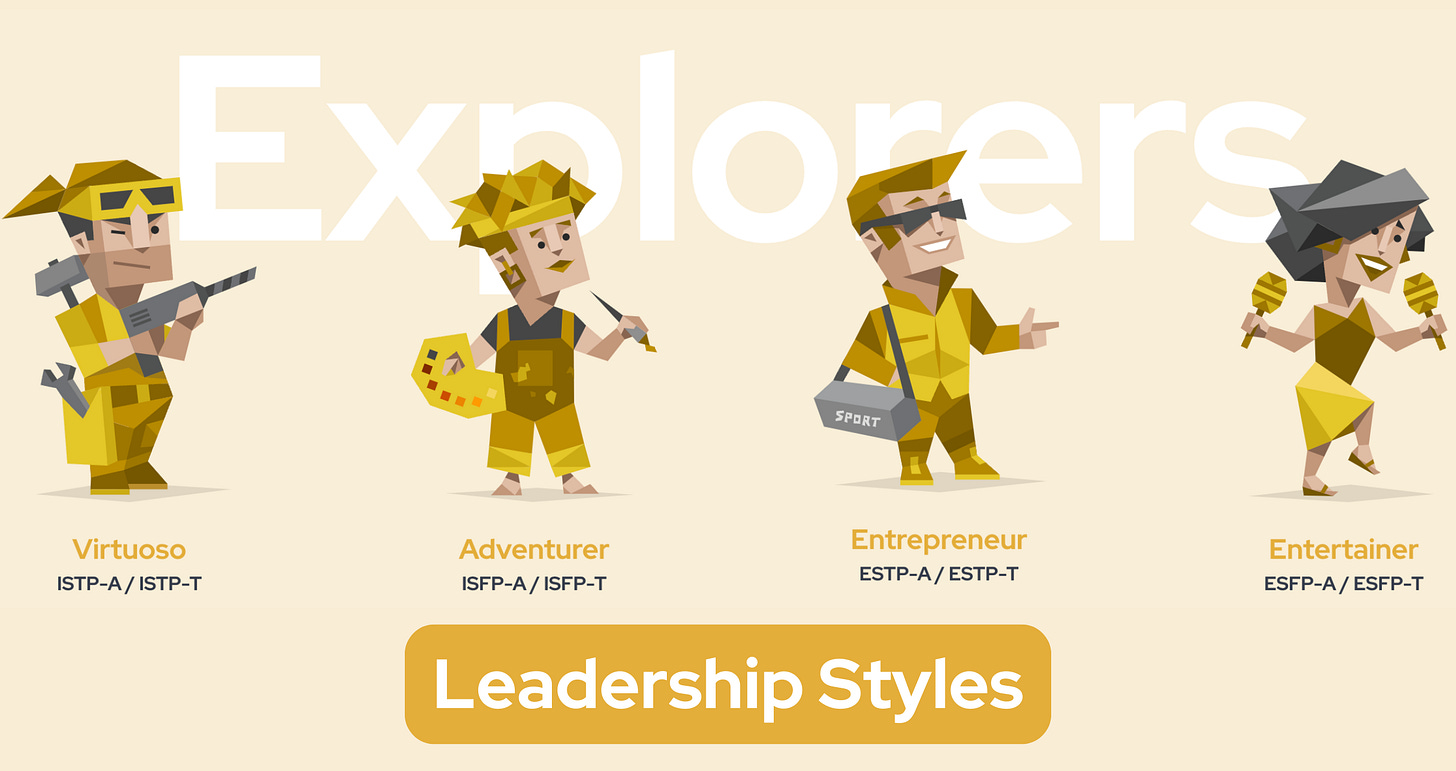 The word 'Explorers' is prominently displayed, with four yellow characters overlapping it - a Virtuoso, an Adventurer, an Entrepreneur, and an Entertainer. The type codes are also displayed: ISTP-A / ISTP-T, ISFP-A / ISFP-T, ESTP-A / ESTP-T, and ESFP-A / ESFP-T. Below, the words 'Leadership Styles' are shown.