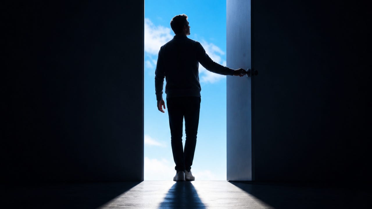 A dramatic, high-contrast silhouette of a man standing in a doorway, viewed from a dark interior room. He is positioned at the threshold, reaching out toward a bright, open door that reveals a vibrant blue sky with soft white clouds. A long, sharp shadow stretches from his feet toward the viewer, emphasizing a pivotal moment of transition from darkness into light and agency. A dramatic, high-contrast silhouette of a man standing in a doorway, viewed from a dark interior room. He is positioned at the threshold, reaching out toward a bright, open door that reveals a vibrant blue sky with soft white clouds. A long, sharp shadow stretches from his feet toward the viewer, emphasizing a pivotal moment of transition from darkness into light and agency.