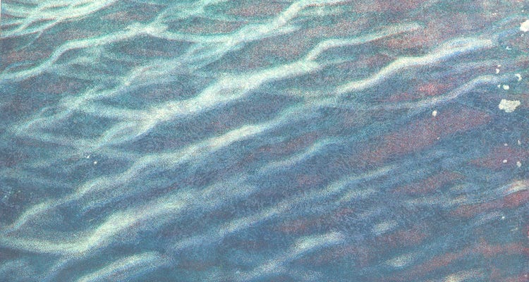 A close-up view of rippling water with sunlit highlights and hues of blue, lavender, and seafoam green.