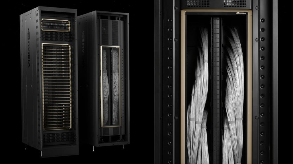 NVIDIA GB200 NVL72 整櫃 AI server — 36 顆 Grace CPU + 72 顆 Blackwell GPU、液冷、單櫃 130 TB/s NVLink。NVIDIA 是 TSMC CoWoS 最大客戶；聯發科 ASIC 案在 CoWoS 排隊中要與 NVIDIA Rubin 系列同台競爭產能（Photo: NVIDIA — nvidia.com/en-us/data-center/gb200-nvl72/）
