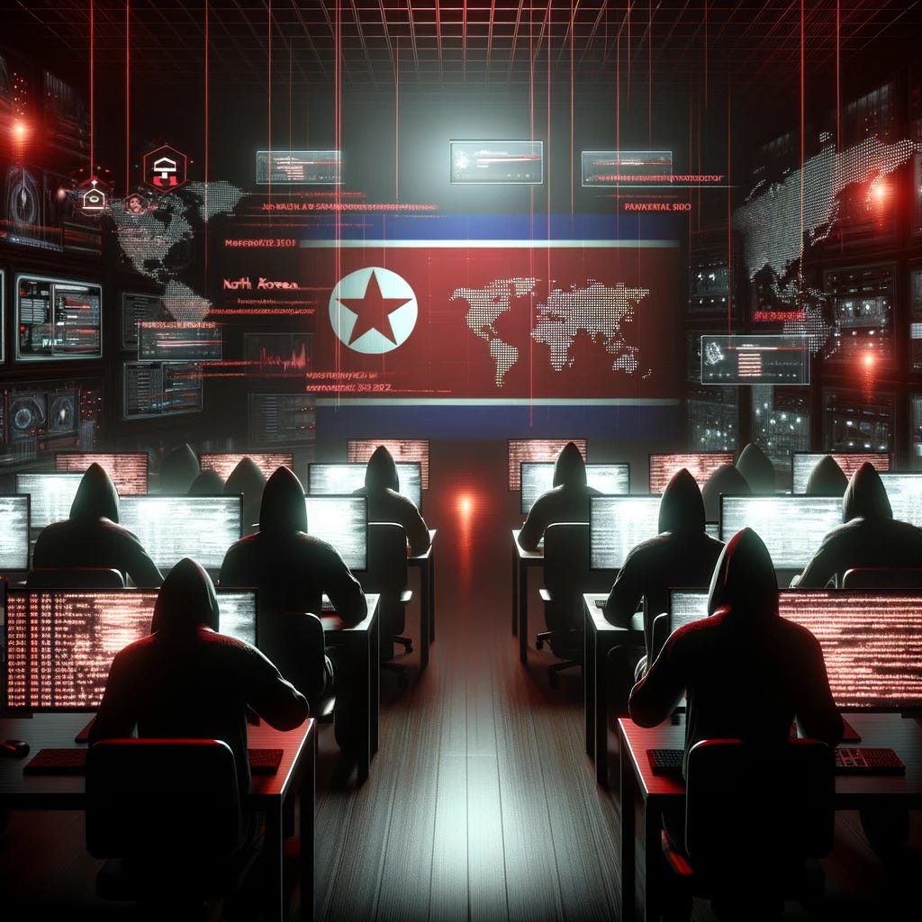 A realistic 3D scene illustrating a new North Korean hacking group. The focus is on a group of shadowy figures in a dimly lit room with computer screens displaying North Korean symbols and lines of code. The hackers are surrounded by digital elements such as maps, encrypted data, and cyber attack vectors. The background features a high-tech environment with multiple monitors, servers, and hacking tools. The overall atmosphere is dark and secretive, with red and black tones highlighting the cyber threat.