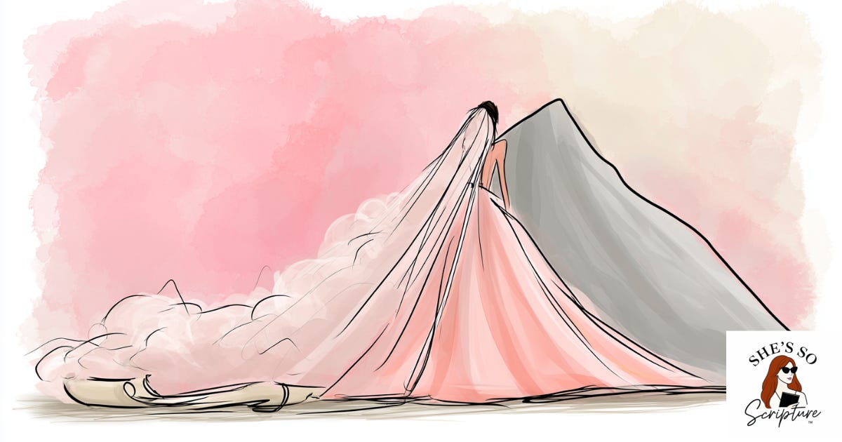 Whimsical watercolor illustration of a bridal veil made of cloud, dissolving into a mountain peak, with a small parchment scroll tucked into the fabric.