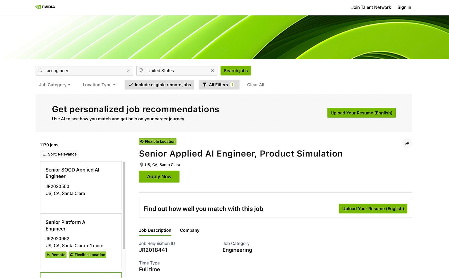 NVIDIA careers page showing the Senior Applied AI Engineer, Product Simulation job posting used as the grounded source for this interview panel NVIDIA careers page showing the Senior Applied AI Engineer, Product Simulation job posting used as the grounded source for this interview panel